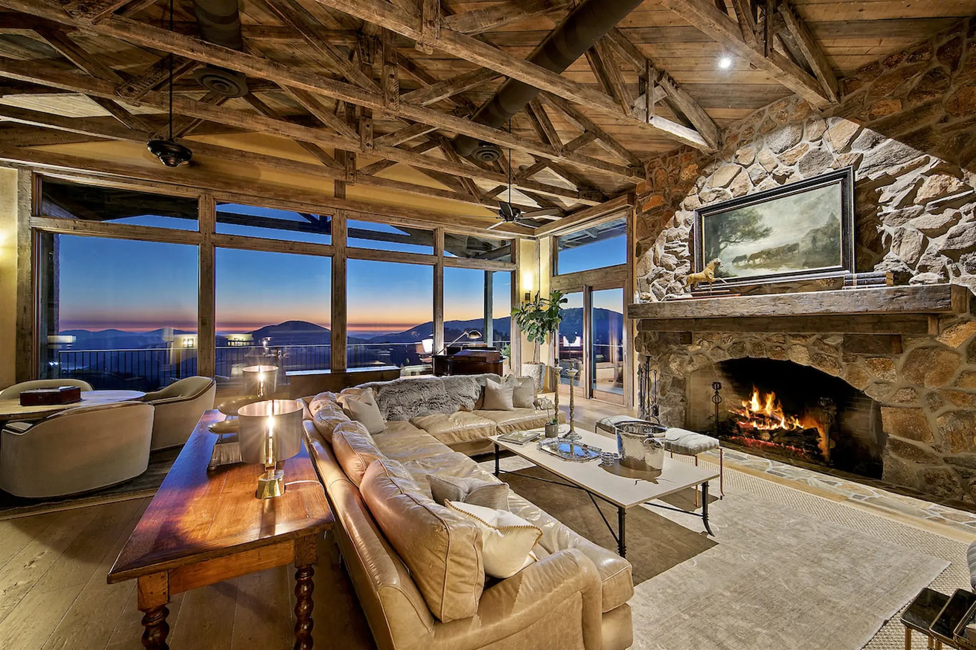 Luxury living room with fireplace.
